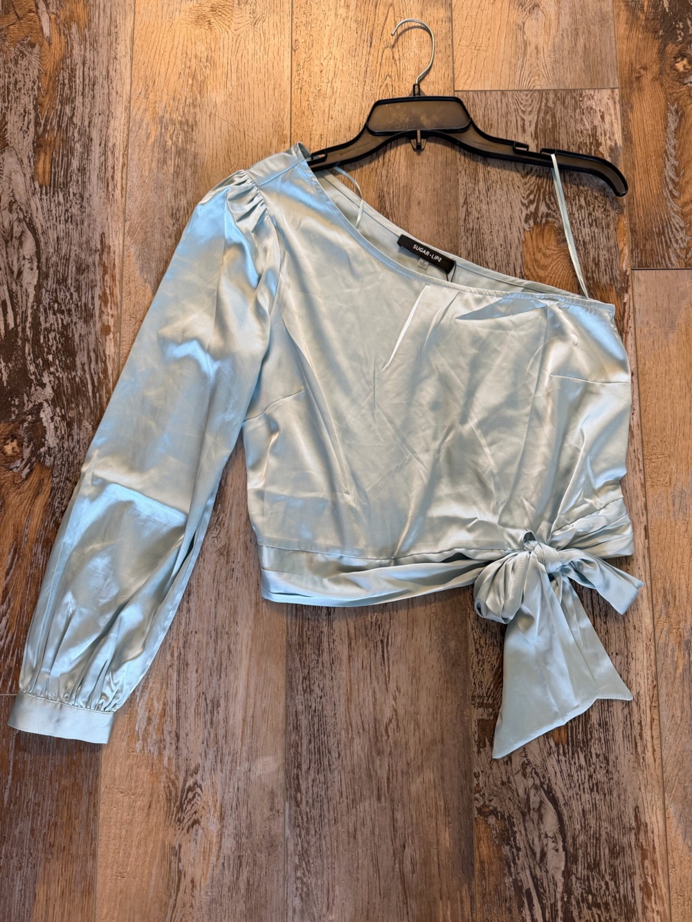SUGAR + LIPS Satin Side Tie Crop Top Blue Asymmetric One Sleeve Bow Blouse NWT S